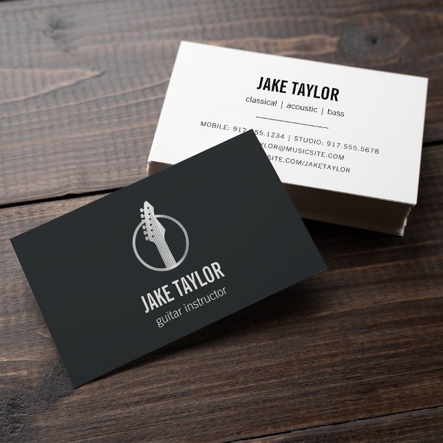 Cool Black & Silver Guitar Lessons Business Card (Creator Uploaded)