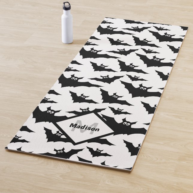 Cool black white bats Halloween pattern Monogram Yoga Mat (In Situ)