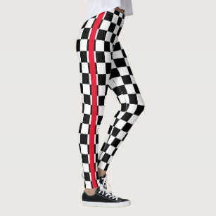 Cool Black White Chequered Flag Pattern Red Stripe Leggings