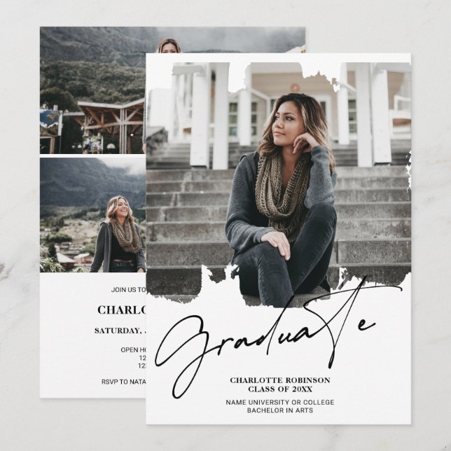 Cool Black white graduate script photo graduation Invitation (Front/Back)