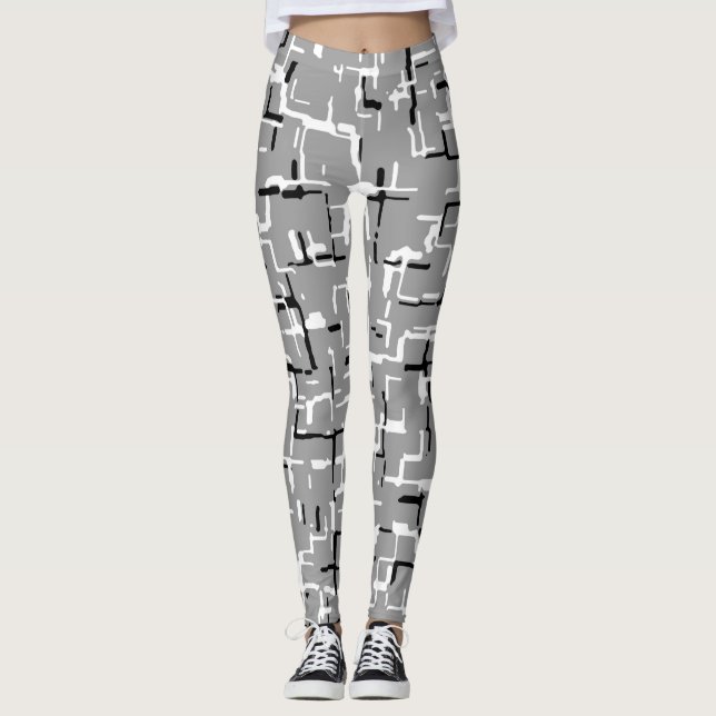 COOL Black White Grey Abstract Pattern Leggings (Front)