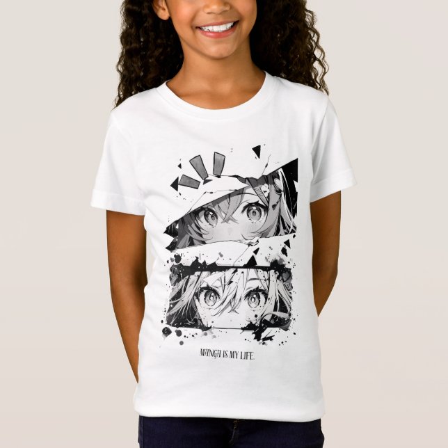 Cool Black White Manga Eyes Anime Girls Graphic Te T-Shirt (Front)