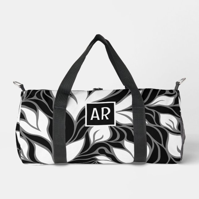 Cool Black & White Modern Floral Pattern Monogram Duffle Bag (Front)
