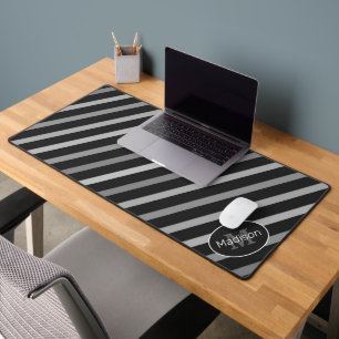 Cool black white retro stripes geometric Monogram Desk Mat