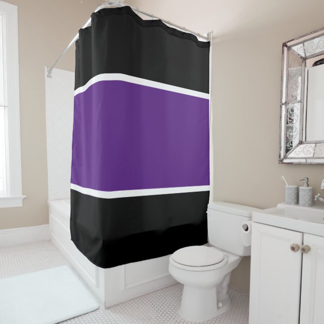 Cool Black Wide Royal Purple White Centre Stripes Shower Curtain (In Situ)