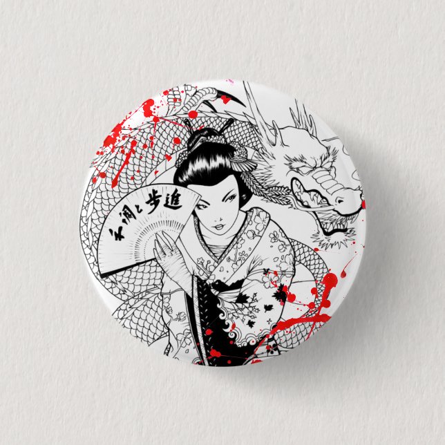 Cool blood splatter geisha with fan dragon tattoo 3 cm round badge (Front)