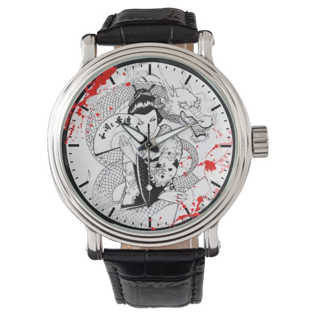 Cool blood splatter geisha with fan dragon tattoo watch (Front)