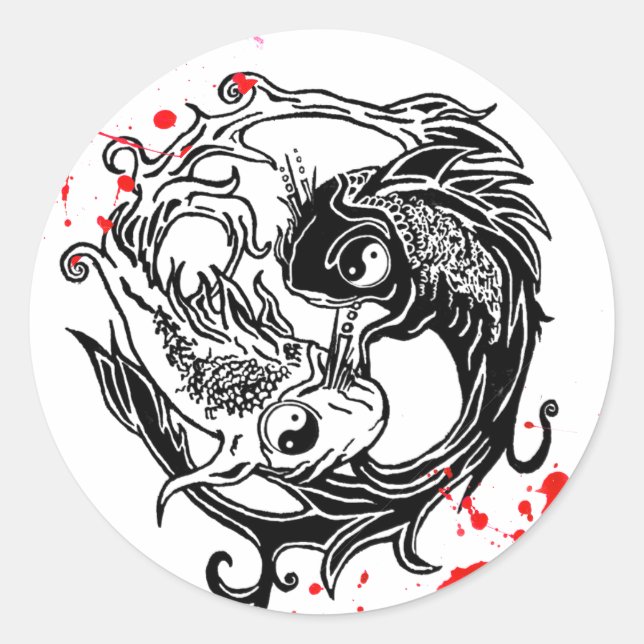 Cool blood splatter Yin Yang Koi Fishes tattoo art Classic Round Sticker (Front)