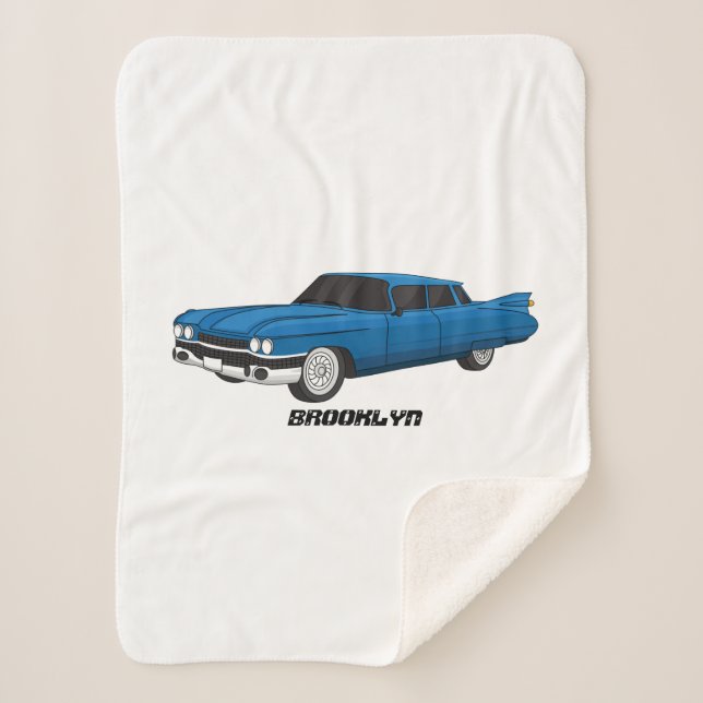 Cool blue 1959 classic car sherpa blanket (Front)