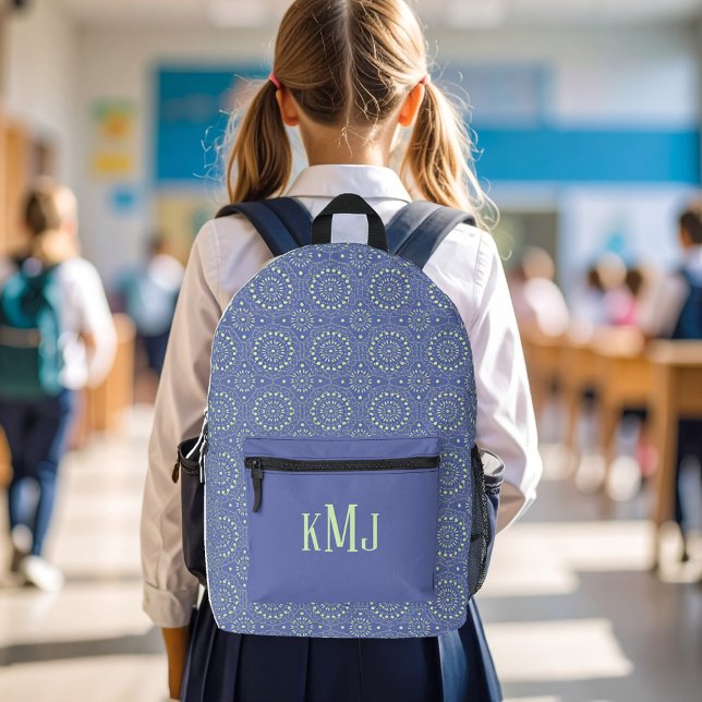 Cool Blue and Green Modern Monogram Printed Backpack (Cool Kids Blue and Green pattern Monogram Backpack.)
