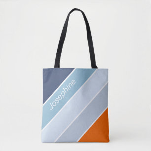 cool blue and orange modern stripes custom name tote bag