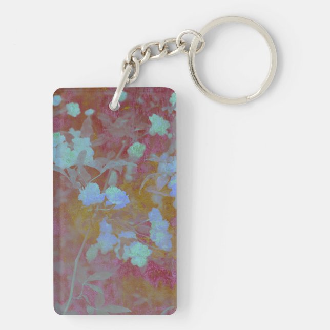 Cool blue and pink art of floral / flower pattern key ring (Back)
