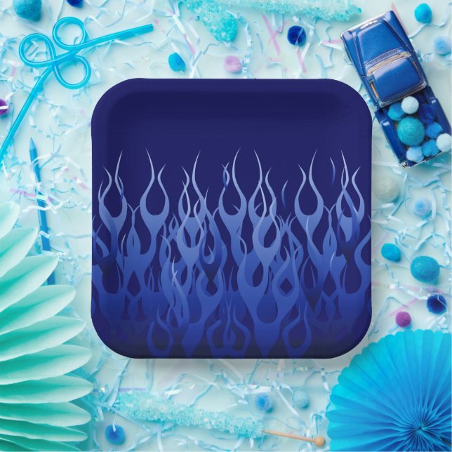 Cool Blue Automotive Racing Flames Paper Plate (Party)