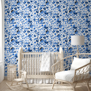 cool blue Baby boy Nursery Pattern elegant Wallpaper