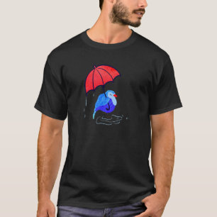 Cool Blue Bird with Red Umbrella Under Rain Animal T-Shirt