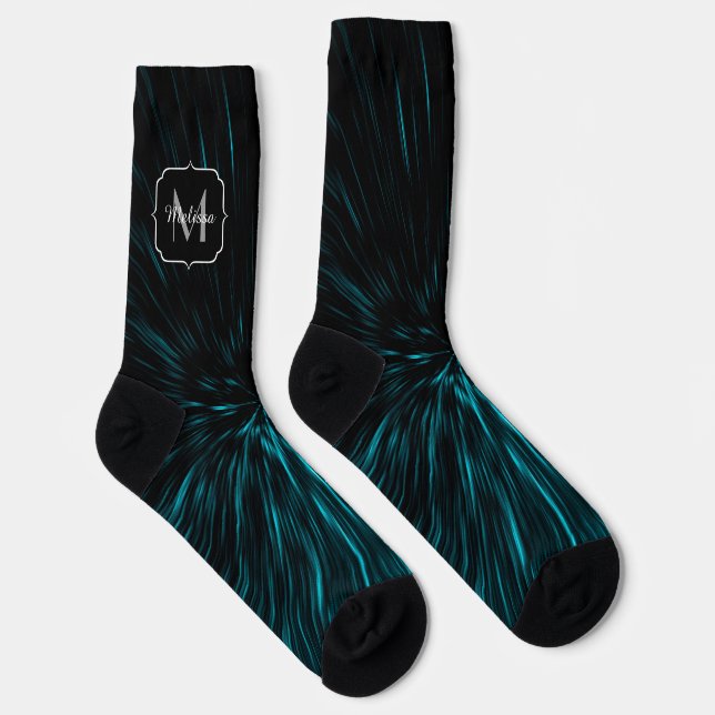 Cool Blue black Hypergalaxy Abstract Line Monogram Socks (Right)