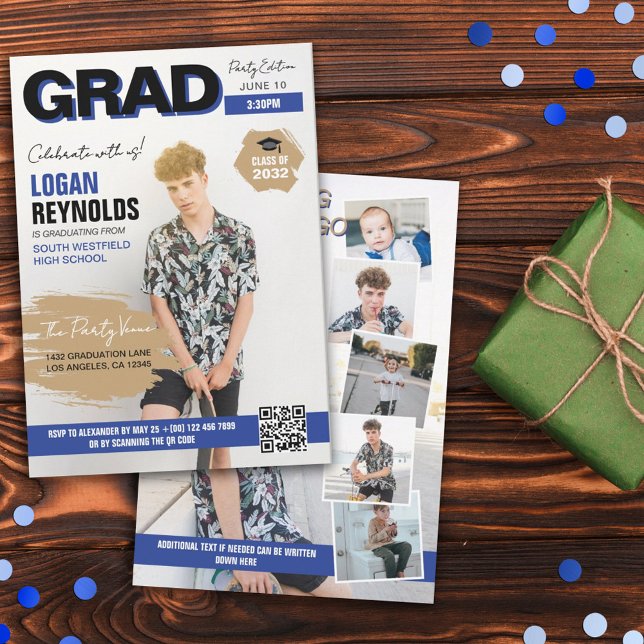 Cool Blue & Black Photos Magazine Cover Graduation Invitation (Creator Uploaded)