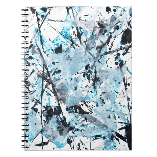 Cool Blue Black White Splatter Abstract Notebook (Front)