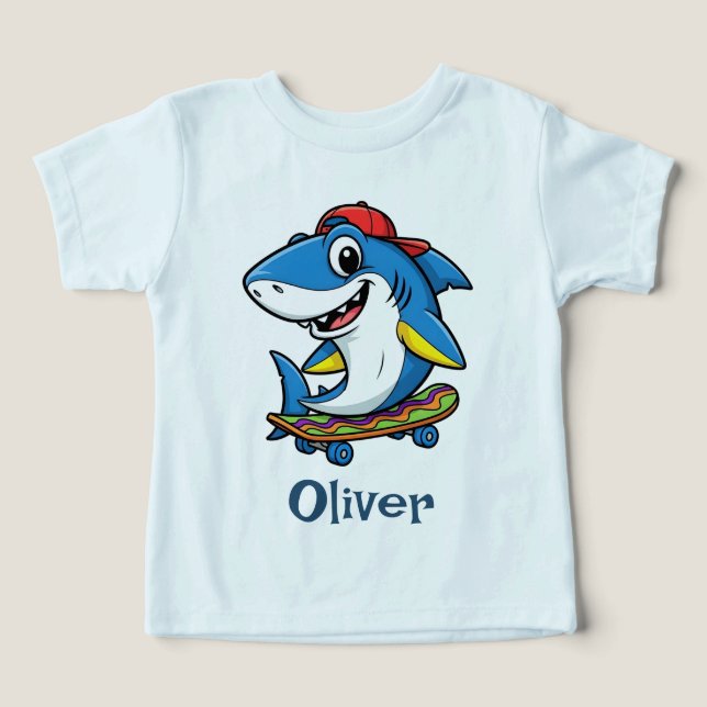 Cool Blue Cartoon Shark on Skateboard (Design Front)