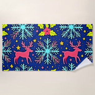 Cool Blue Christmas Reindeer Pattern Design Beach Towel