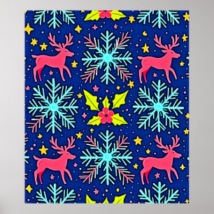 Cool Blue Christmas Reindeer Pattern Design Poster