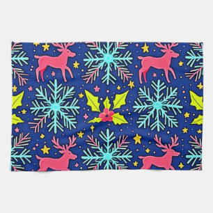 Cool Blue Christmas Reindeer Pattern Design Tea Towel