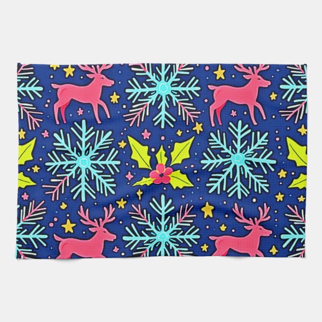 Cool Blue Christmas Reindeer Pattern Design Tea Towel (Horizontal)