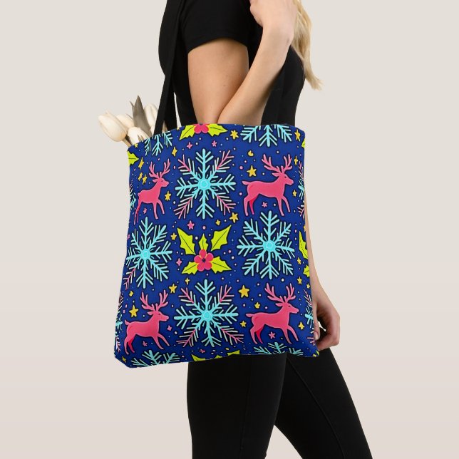 Cool Blue Christmas Reindeer Pattern Design Tote Bag (Close Up)