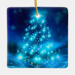 Cool Blue Christmas Tree with Sparkling Lights Ceramic Ornament