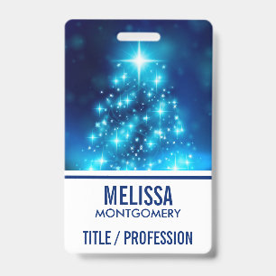 Cool Blue Christmas Tree with Sparkling Lights ID Badge