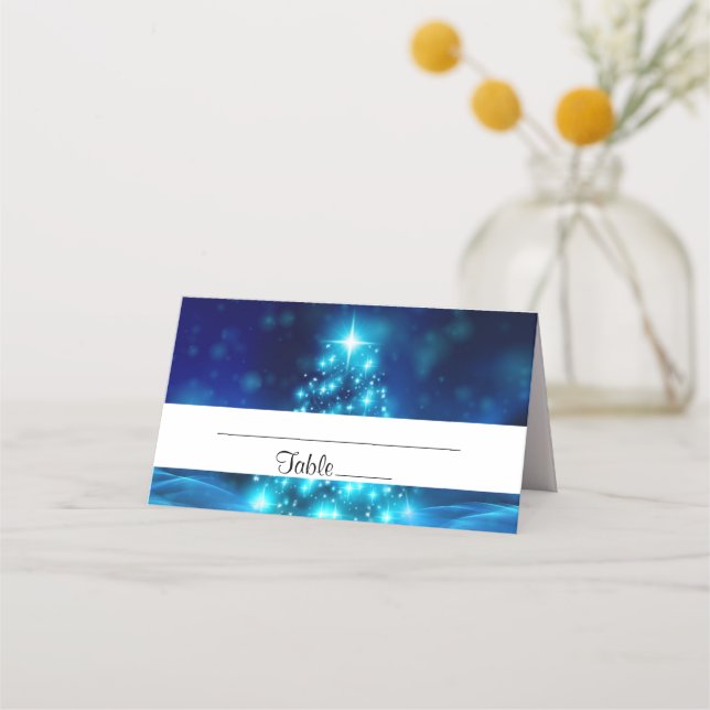 Cool Blue Christmas Tree with Sparkling Lights Place Card (Front)