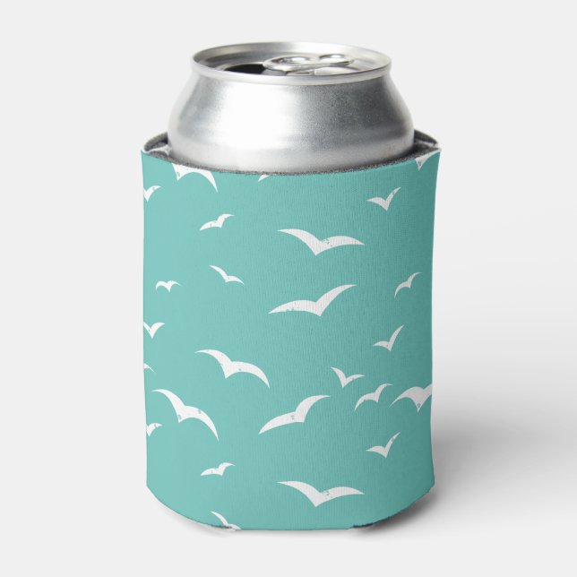 Cool Blue Coastal Seagulls Pattern Beach Bar Can Cooler (Can Front)