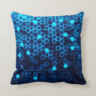 Cool Blue Electronic Circuit Board Hexagon Pattern Cushion