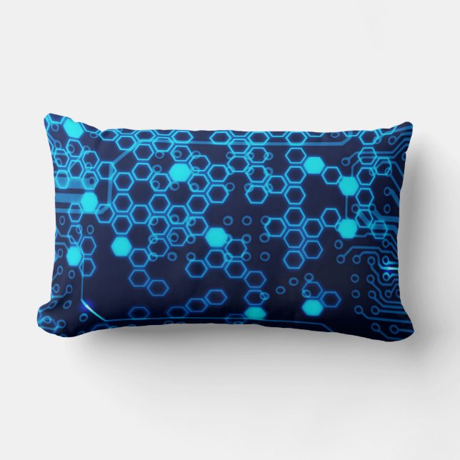 Cool Blue Electronic Circuit Board Hexagon Pattern Lumbar Cushion (Front)