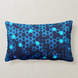 Cool Blue Electronic Circuit Board Hexagon Pattern Lumbar Cushion