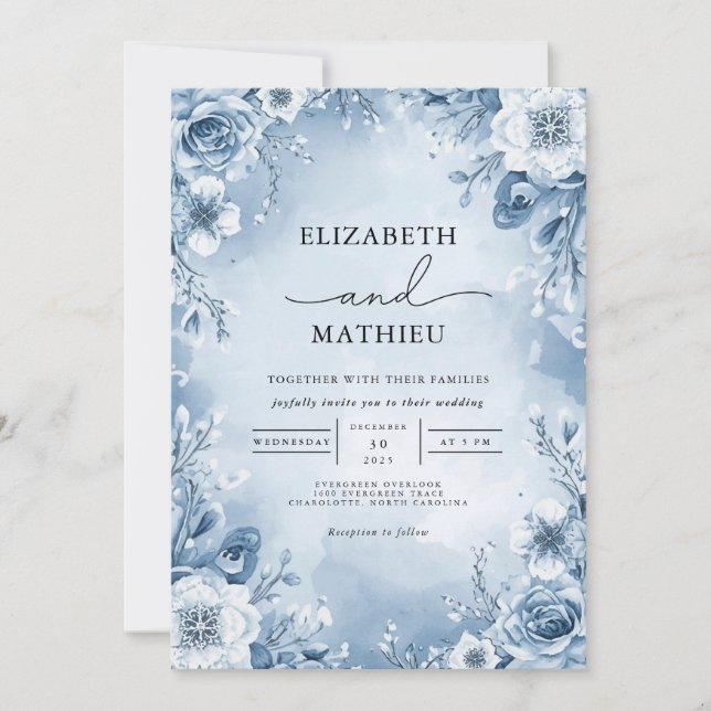 Cool Blue Floral Flourish Wedding Invitation (Front)