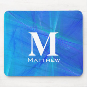 Cool Blue Fractal White Monogram Name Mouse Pad