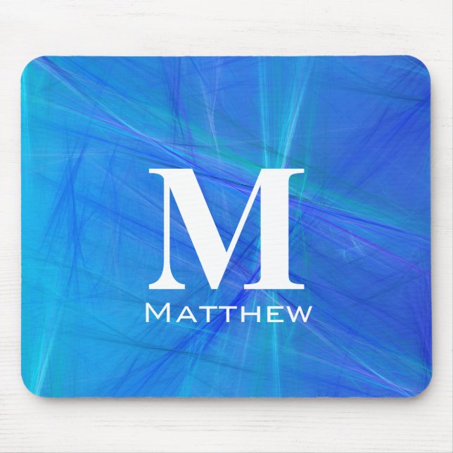 Cool Blue Fractal White Monogram Name Mouse Pad (Front)