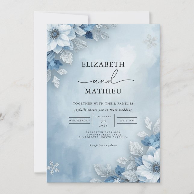 Cool Blue Frosted Bloom Wedding Invitation (Front)