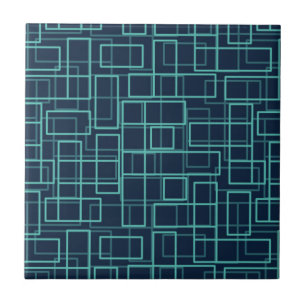 Cool Blue Geometric Grid Pattern Ceramic Tile