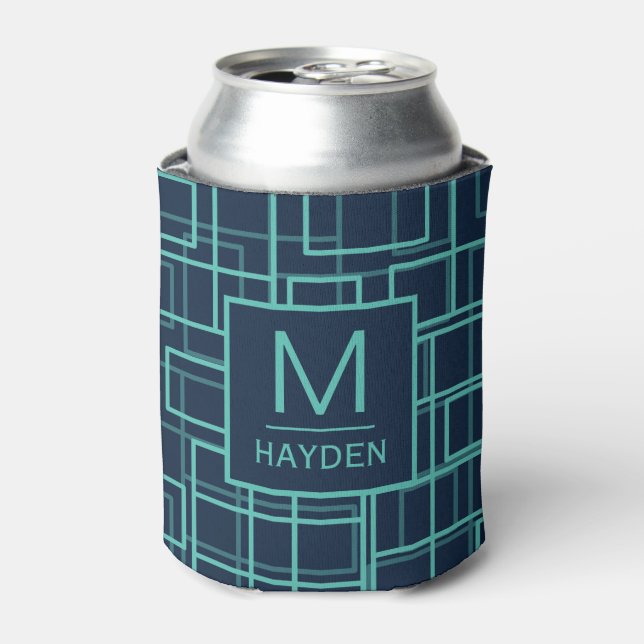 Cool Blue Geometric Grid Pattern Personalised Can Cooler (Can Front)