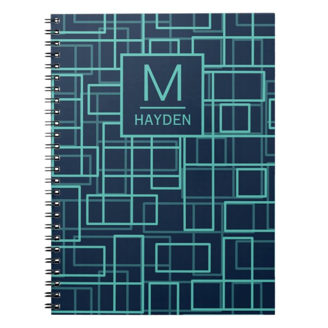 Cool Blue Geometric Grid Pattern Personalised Notebook (Front)