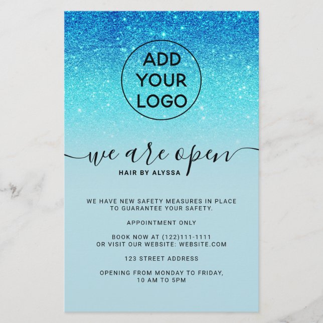 Cool blue glitter prices logo We're open Flyer (Front)