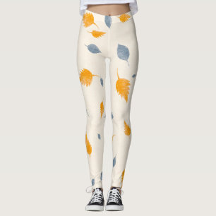 Cool Blue & Golden Yellow Leaves On Cream Leggings