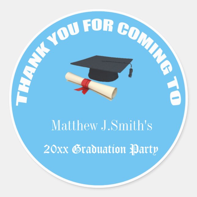 Cool blue graduates thank you stickers. classic round sticker (Front)