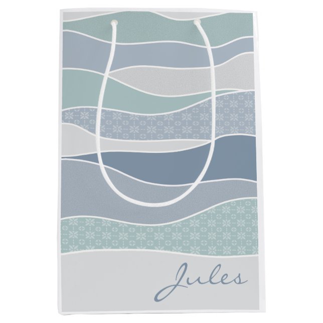 Cool Blue Green Curved Stripes Abstract Waves Name Medium Gift Bag (Front)