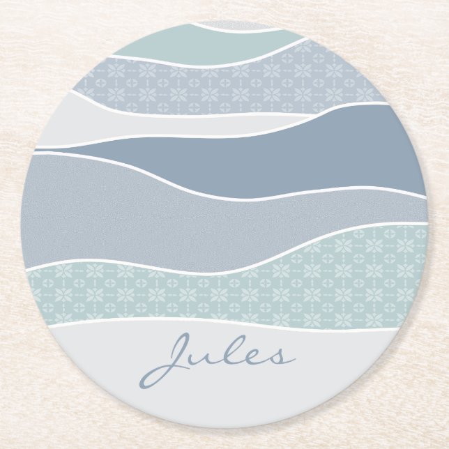 Cool Blue Green Curved Stripes Abstract Waves Name Round Paper Coaster (Front)