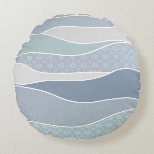 Cool Blue Green Curved Stripes Abstract Waves Round Cushion (Front)
