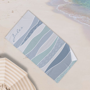Cool Blue Green Curves Abstract Waves Name Beach Towel