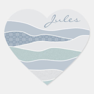 Cool Blue Green Curves Abstract Waves Name Heart Sticker